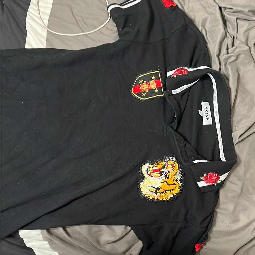 Black Polo Shirt with Embroidered Patches